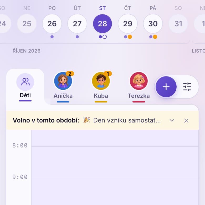 Mobilní kalendář: pruh dní a záložky dětí